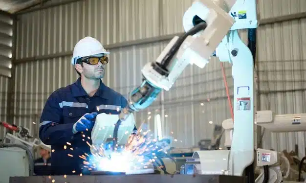 A man is controlling robotic welding.