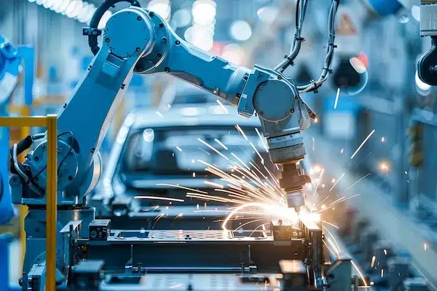 An automated welding arm in a assembly line