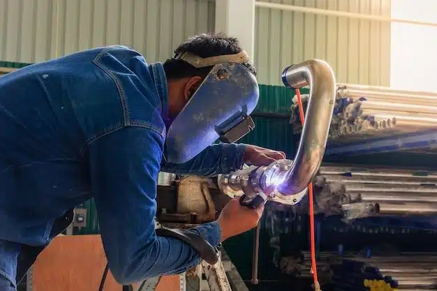 Welding pipeline in factory