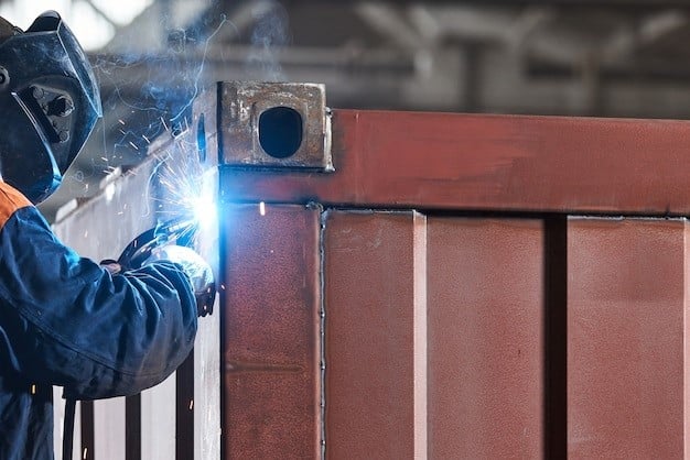 welding with gloves and a helmet