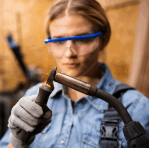 Because the female worker is MIG Weld with Flux Core Wire