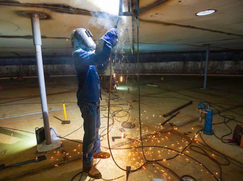 Because the male worker is producing a lot of smoke during the MIG Weld with Flux Core Wire process