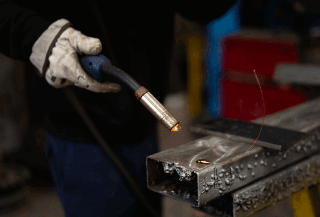 Handheld welding gun is welding wire