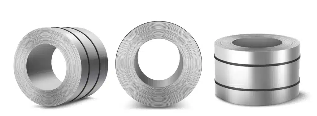 Three views of a rolled metal coil banded for storage on a light gray background