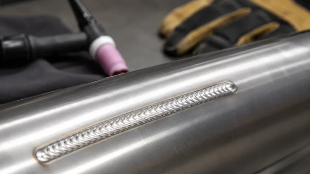 Detailed close-up of a smooth TIG weld bead on brushed stainless steel pipe with a TIG torch and welding glove in the background.