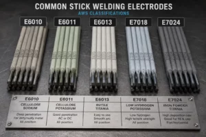 Infographic showing common stick welding electrodes, including E6010, E6011, E6013, E7018, and E7024 classifications.