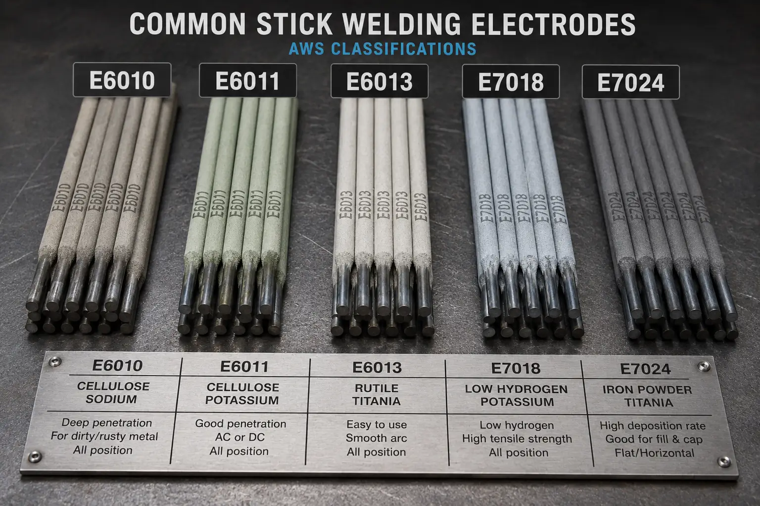 Infographic showing common stick welding electrodes, including E6010, E6011, E6013, E7018, and E7024 classifications.