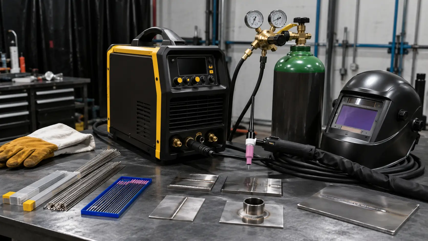 AC/DC TIG welder, gas cylinder, TIG torch, helmet, filler rods, gloves, and stainless steel weld samples arranged on a professional workshop table.