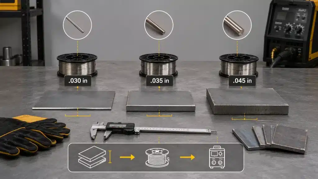 Infographic comparing .030, .035, and .045 inch flux-cored welding wire diameters for different steel thicknesses.