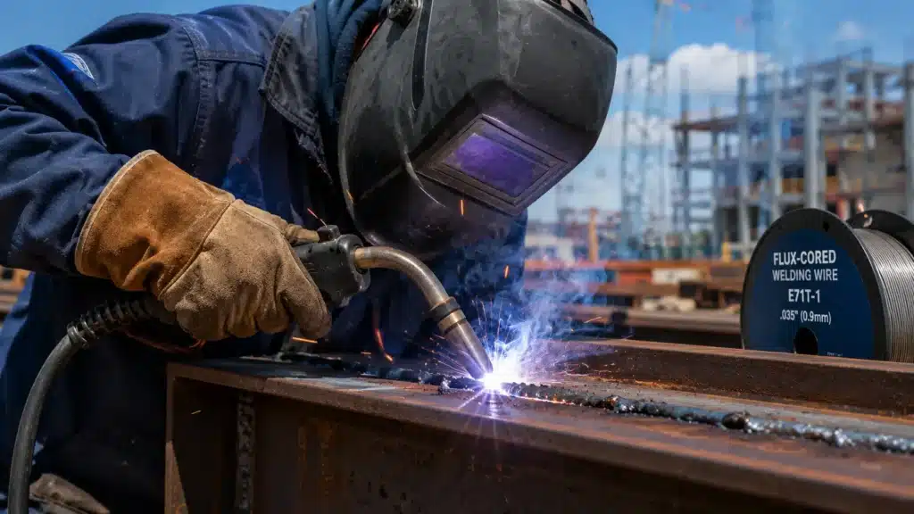 Welder using flux-cored welding wire with a MIG gun on a steel beam at an outdoor construction site.