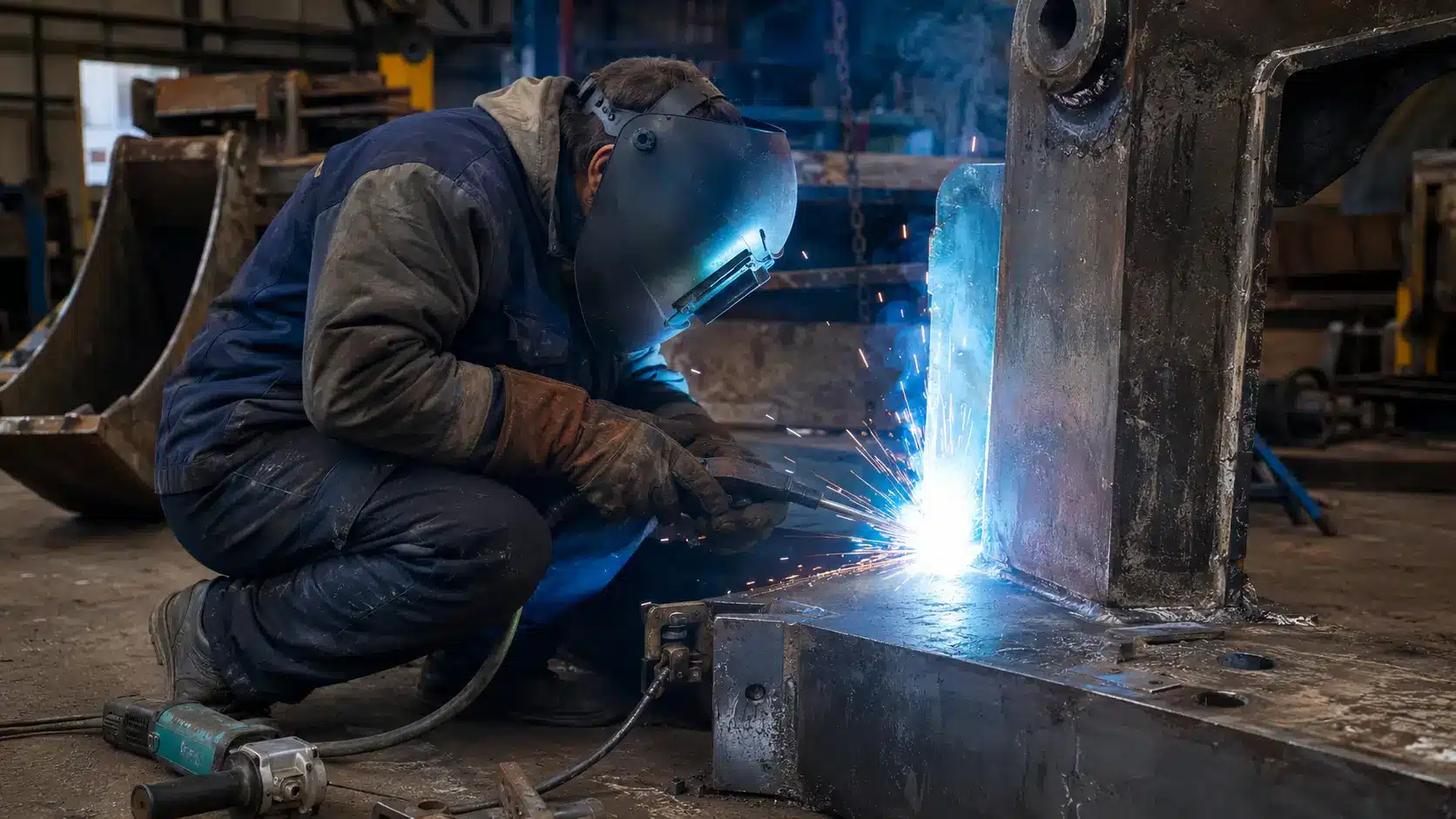 Welder repairing heavy equipment steel frame