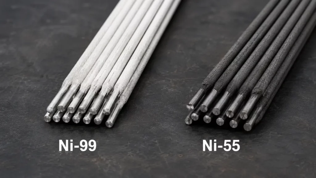 Ni-99 and Ni-55 cast iron welding rods shown side by side on a dark industrial surface for rod type comparison.