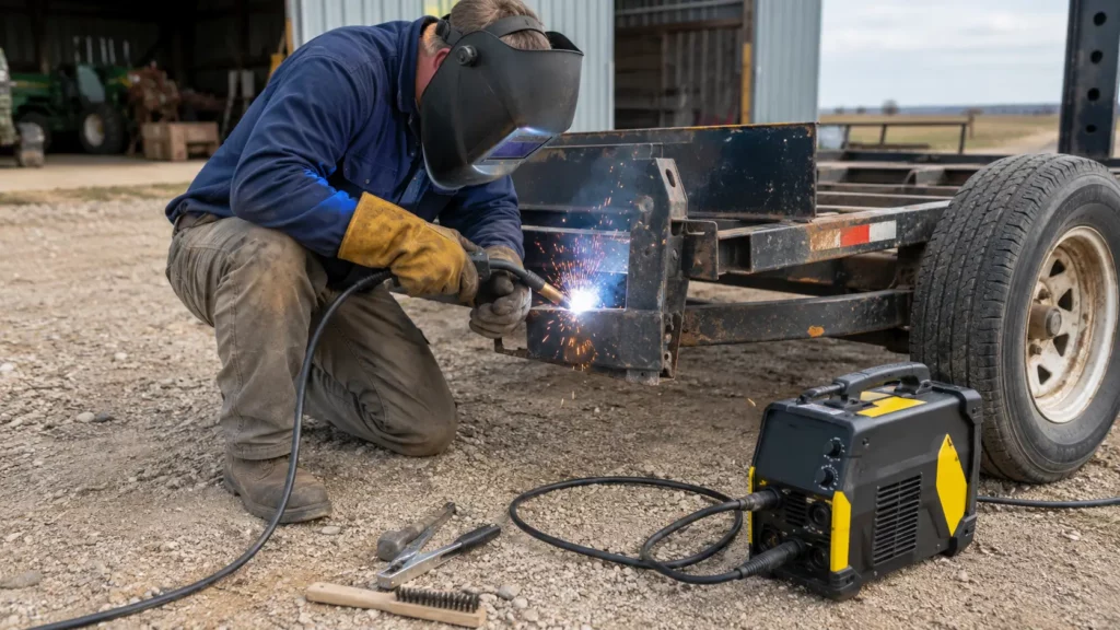 Worker repairing a farm trailer outdoors with a portable flux-core MIG welder and welding torch.