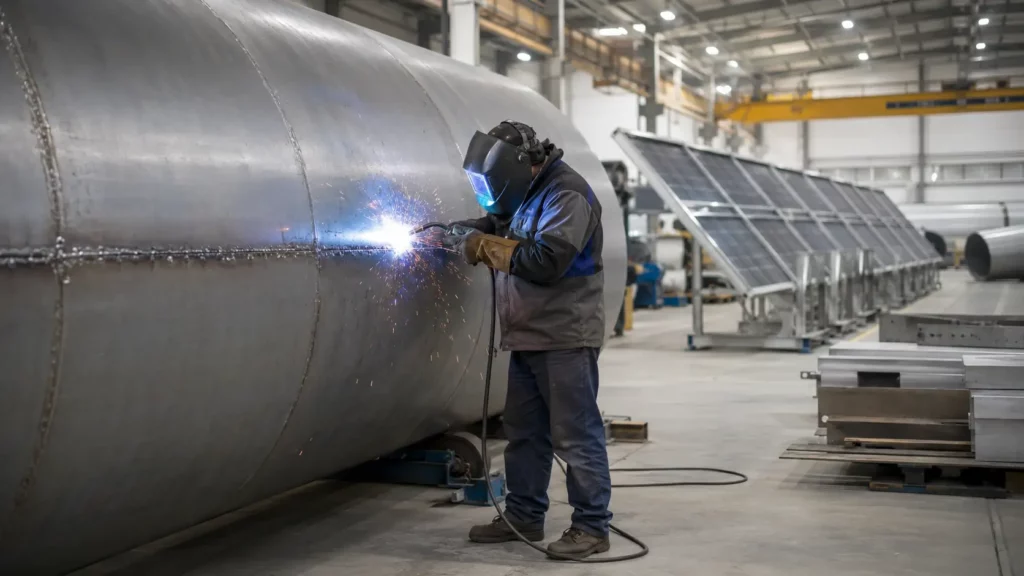 Welder joining large steel wind tower section in renewable energy factory