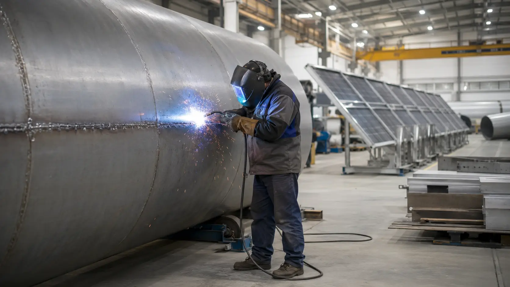 Welder joining large steel wind tower section in renewable energy factory