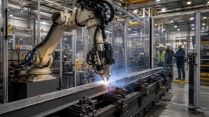 Robotic welding system joining steel beams in a factory