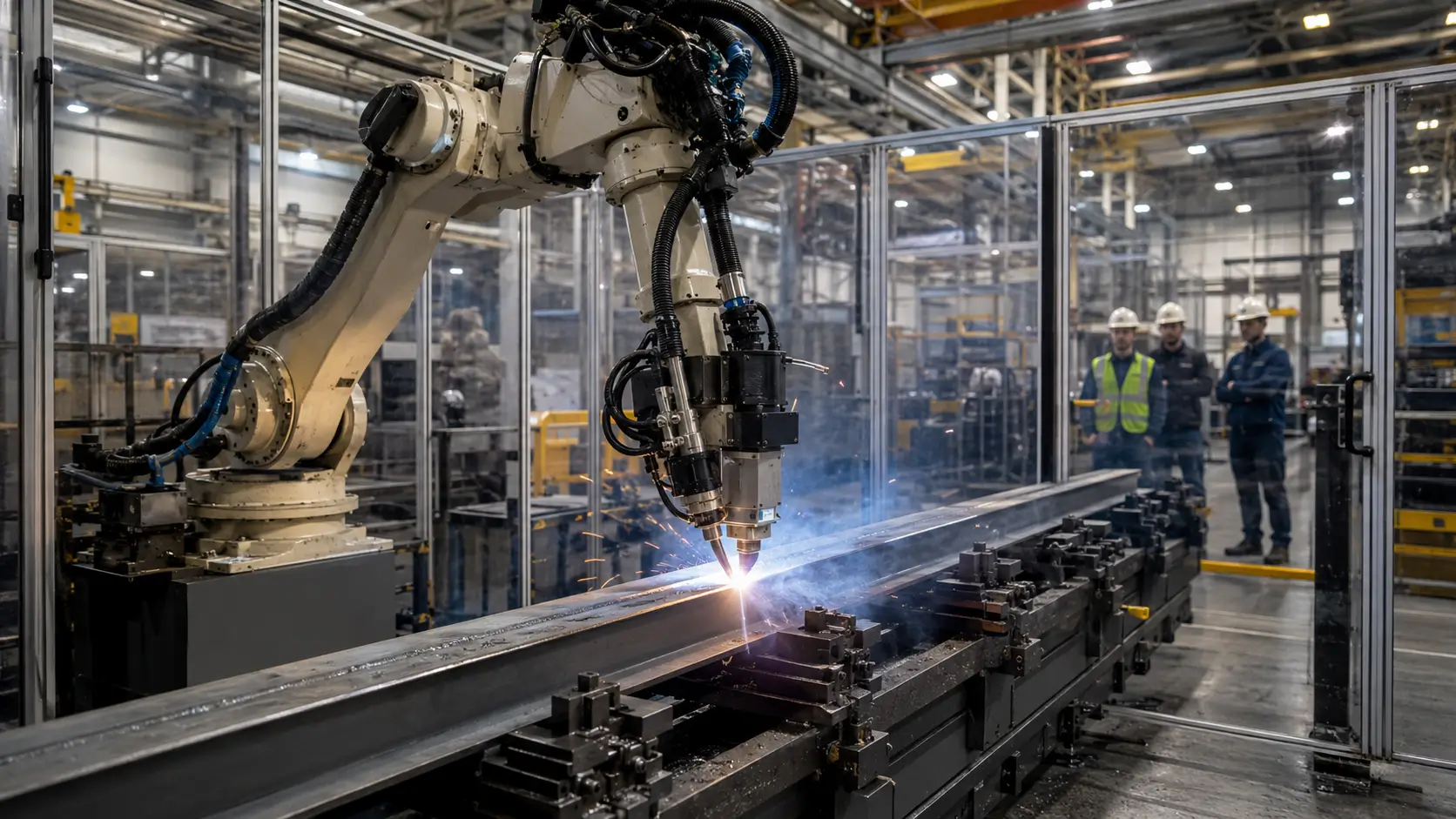 Robotic welding system joining steel beams in a factory