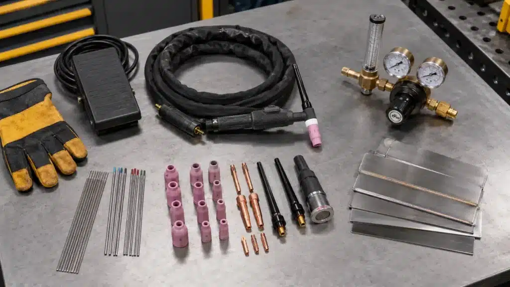 TIG torch, foot pedal, gas regulator, tungsten electrodes, ceramic cups, filler rods, gloves, and welded metal samples displayed on a clean workbench.