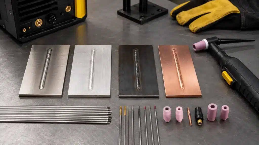 Stainless steel, aluminum, mild steel, and copper plates with clean TIG weld beads, shown with TIG torch parts, filler rods, and welding accessories.