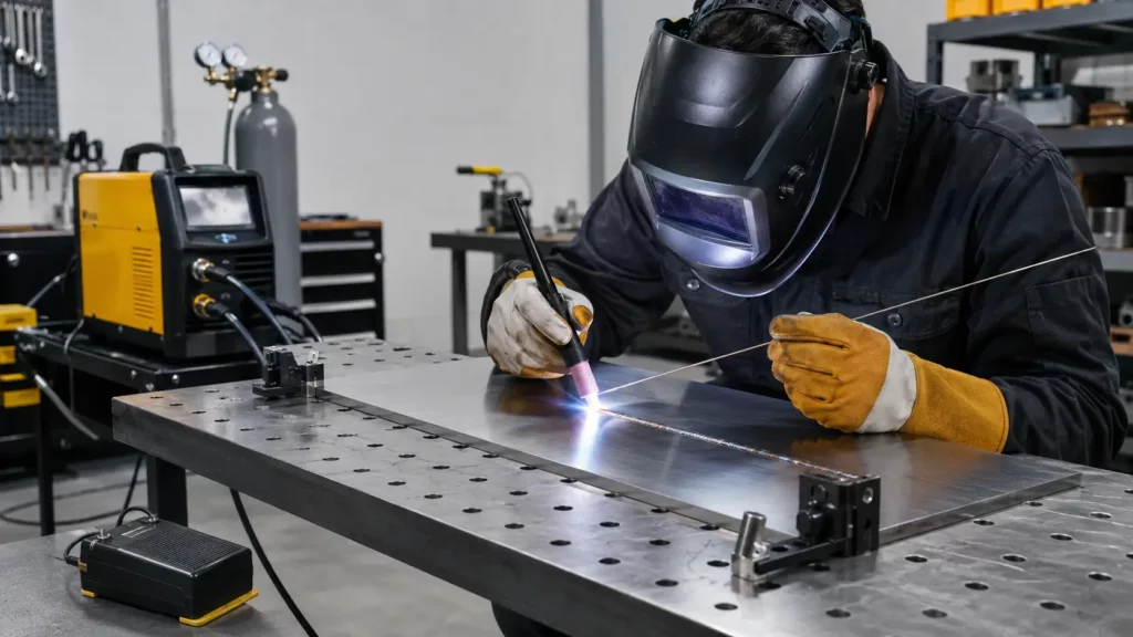 Welder using a TIG torch and filler rod to weld a thin stainless steel sheet on a professional welding table with foot pedal control nearby.
