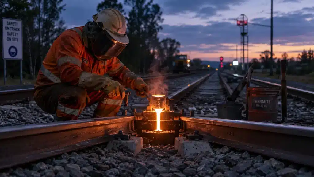 Rail worker performing thermite welding on railway track