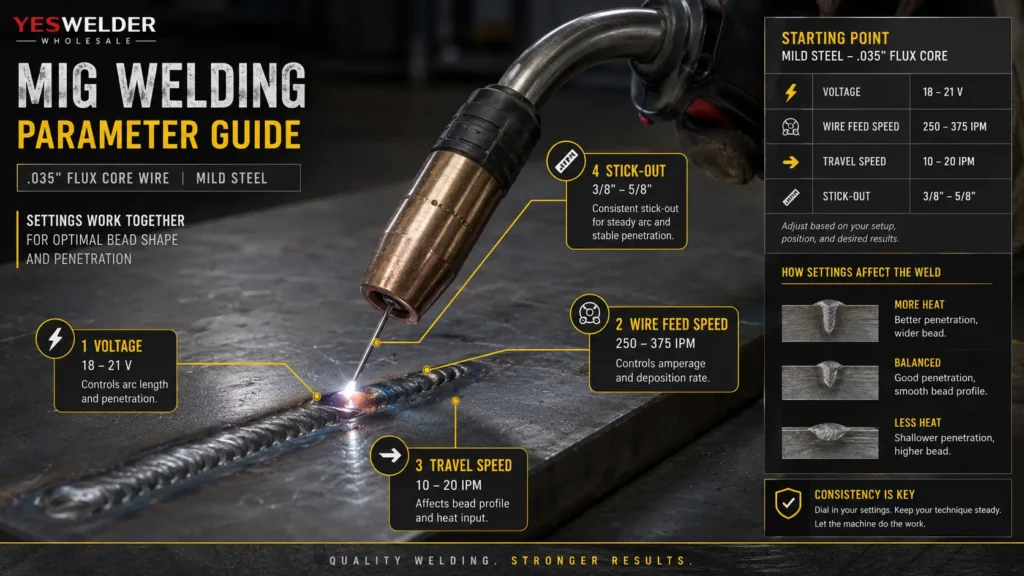 Flux core welding parameters showing voltage wire feed speed travel speed and stick-out