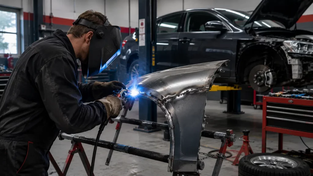 Technician welding a car body panel in a professional auto repair shop