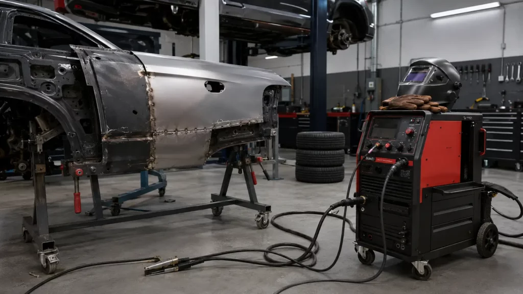 Welding machine and repaired car body panel in an automotive repair shop