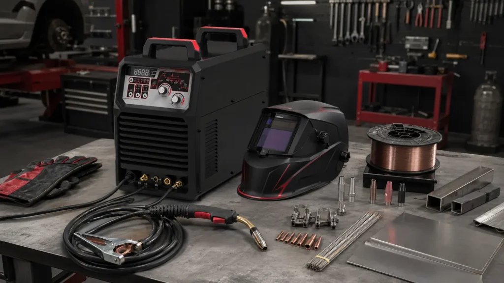 Welding machine setup with helmet, MIG torch, wire spool, clamps, and metal workpieces in a repair shop