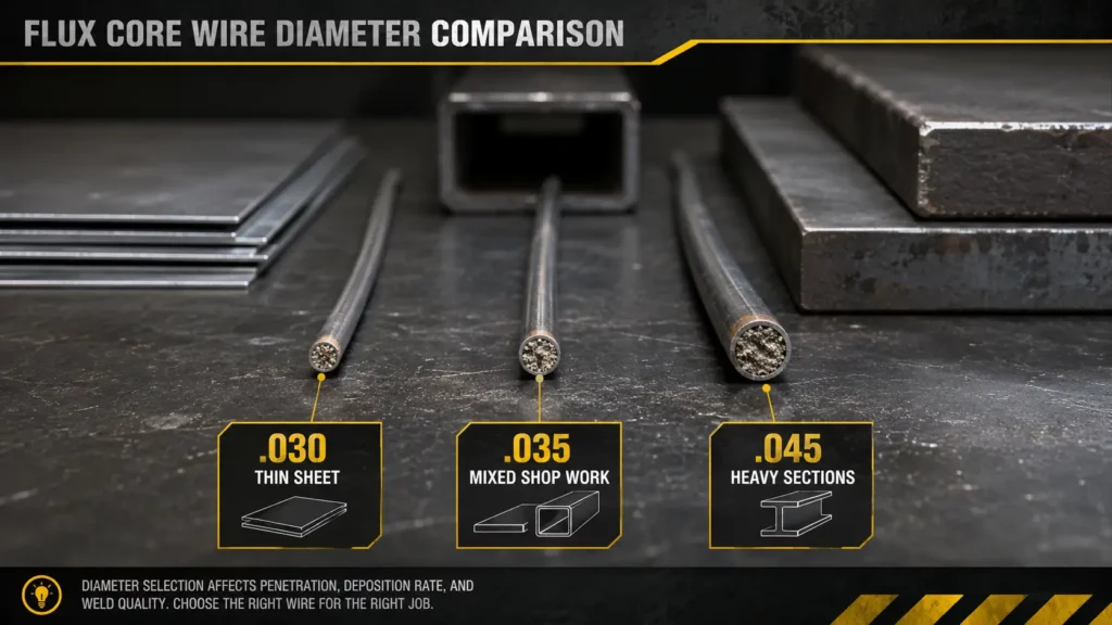 .030 .035 and .045 flux core wire diameter comparison for shop welding
