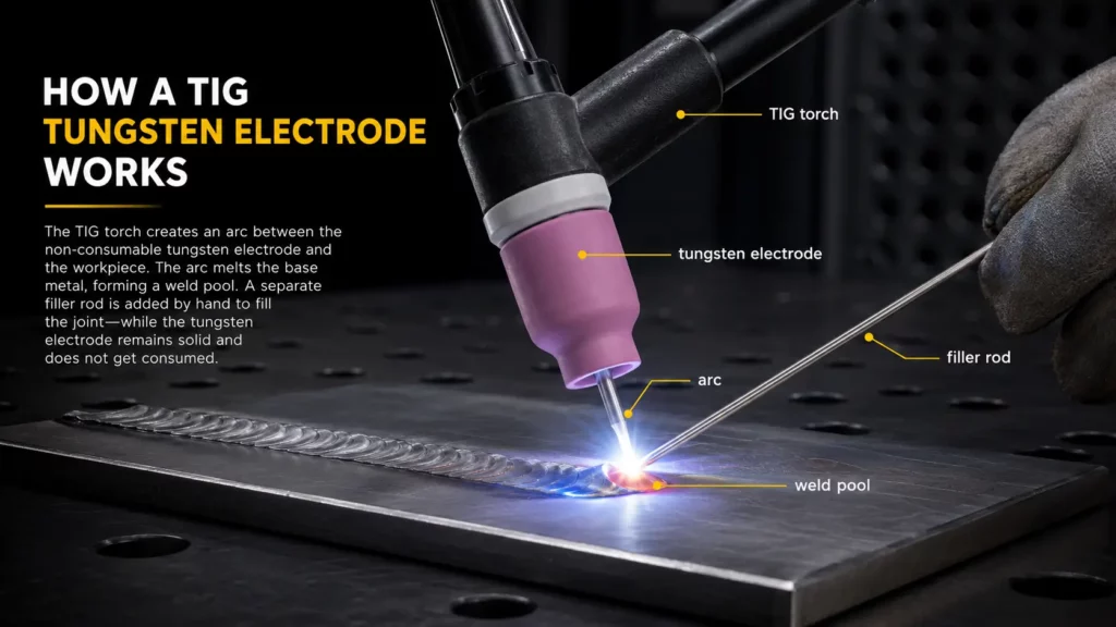 Diagram showing TIG torch, tungsten electrode, filler rod, arc, and weld pool