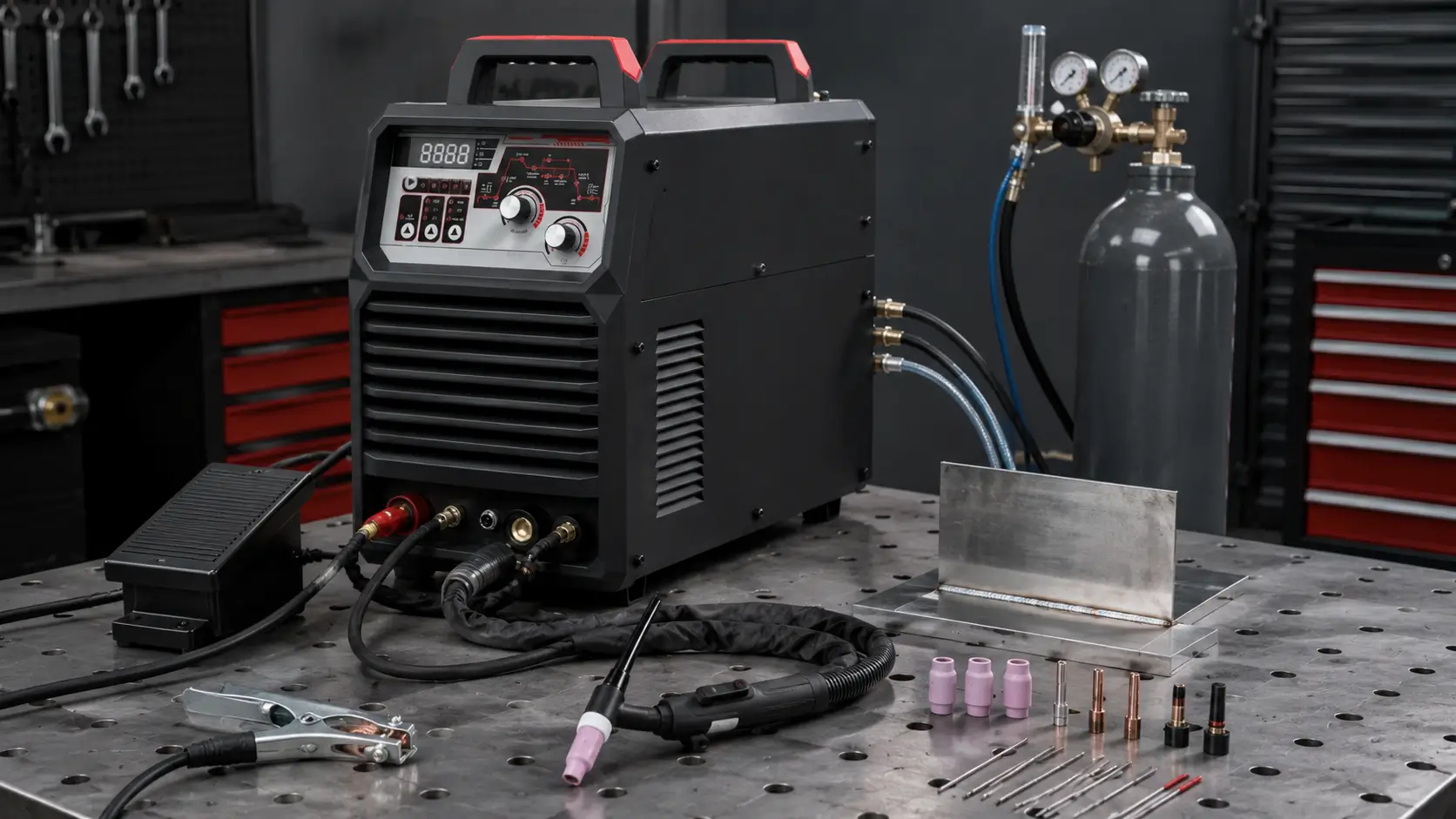 Industrial TIG welding machine setup with torch, foot pedal, argon cylinder, and metal workpiece