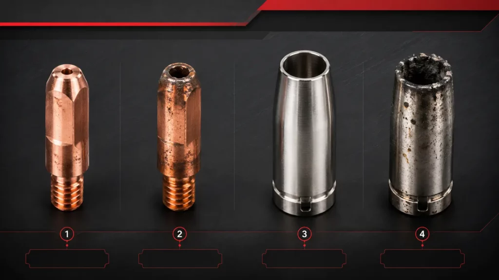 Comparison of clean and worn MIG contact tips and nozzles for welding gun maintenance