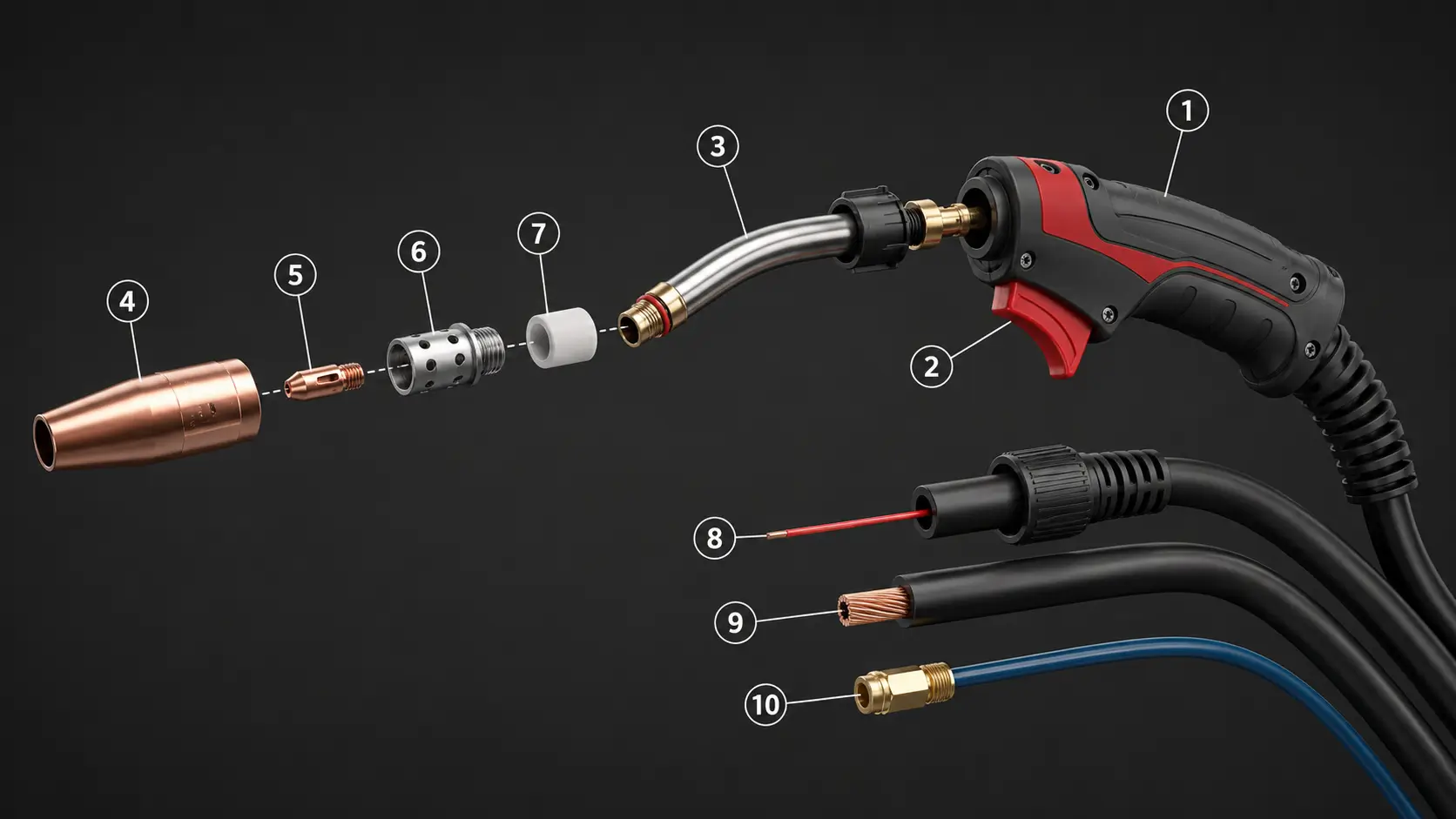 Exploded MIG welding gun diagram showing handle, trigger, gooseneck, nozzle, contact tip, liner, power cable, and gas hose