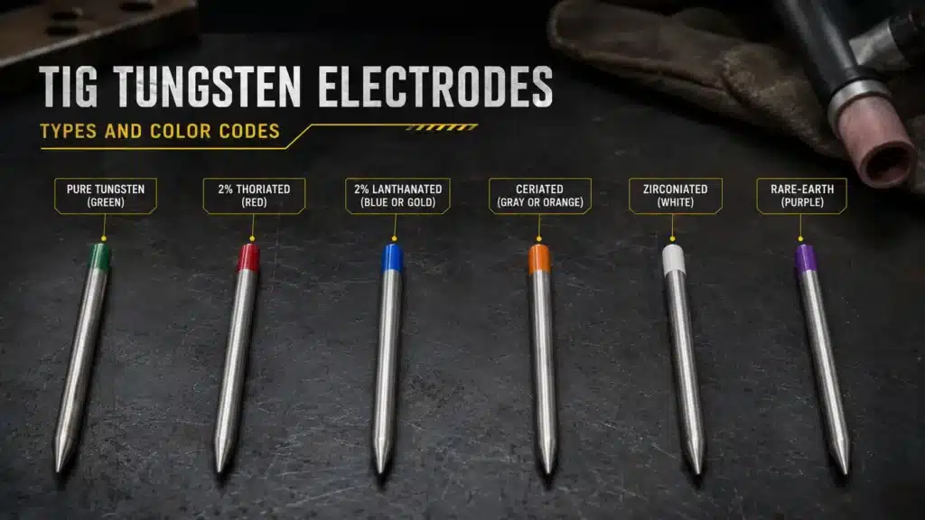 TIG tungsten electrodes with color codes for pure, thoriated, lanthanated, ceriated, and zirconiated types