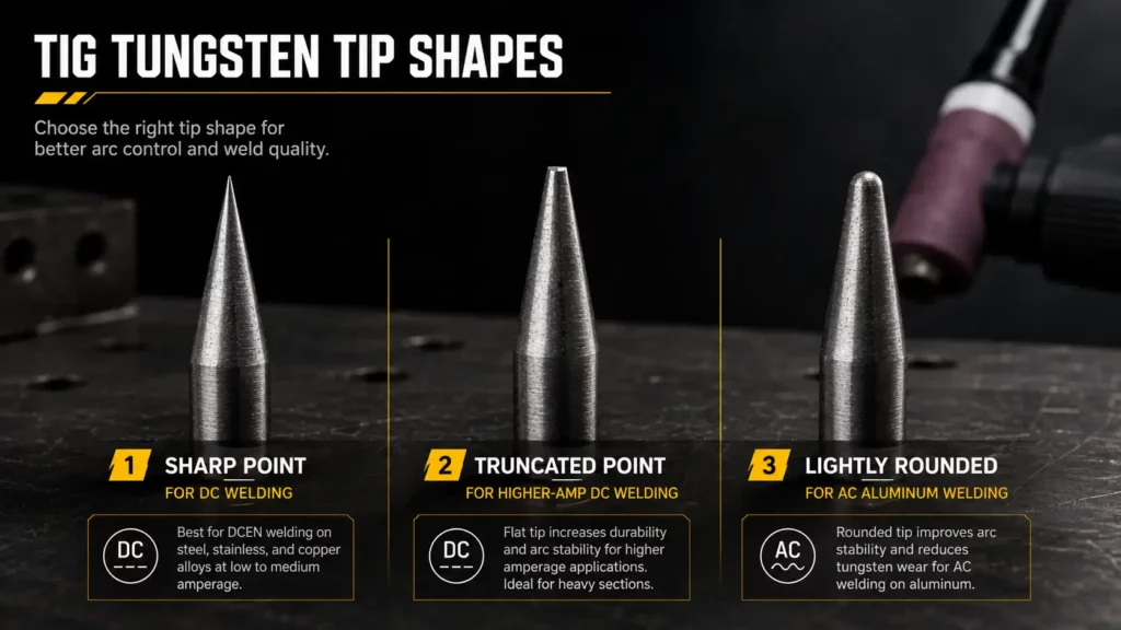 Comparison of sharp, truncated, and rounded TIG tungsten tip shapes for different welding uses