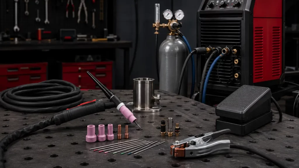 TIG torch, tungsten electrodes, ceramic cups, foot pedal, and argon setup on a welding table