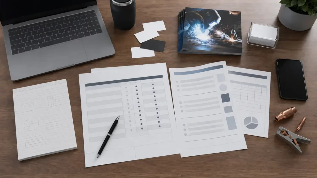 Desk with welding brochures, supplier scorecards, notes, and trade show follow-up materials