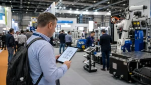 Industrial buyer reviewing welding automation equipment at a trade show