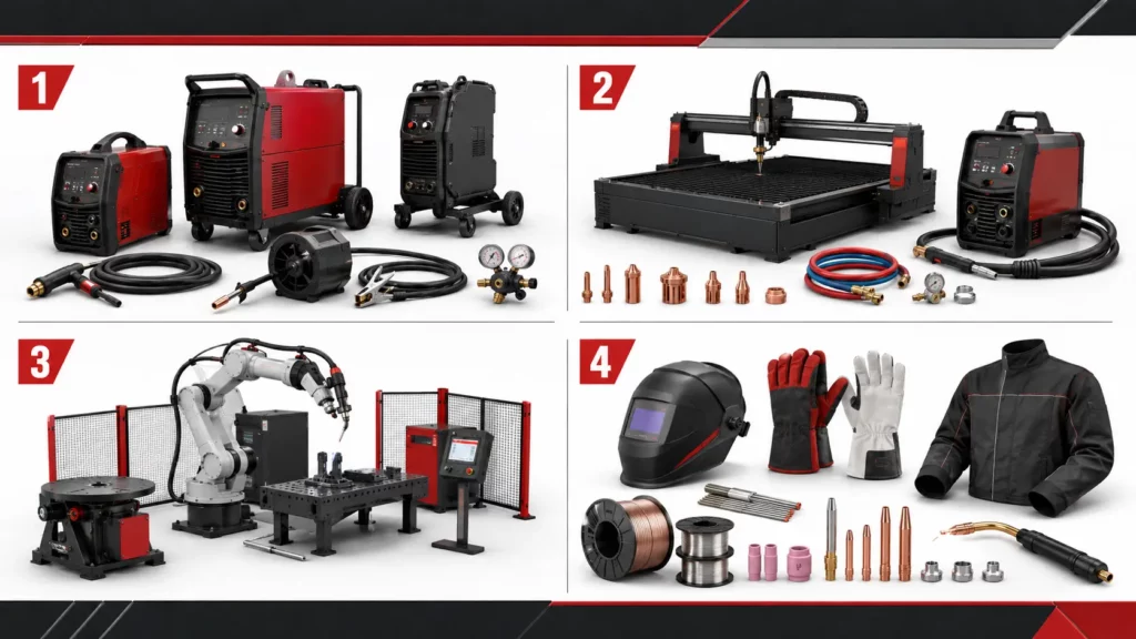 Welding trade show product categories including machines, cutting systems, robots, and PPE
