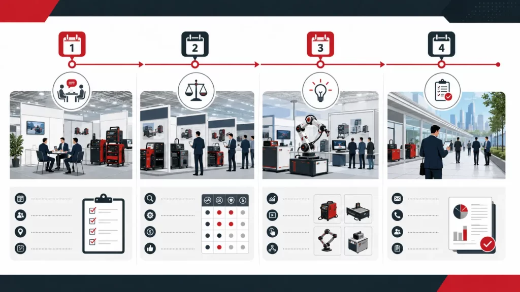 Four-step welding trade show visit plan for supplier meetings, comparison, technology review, and follow-up