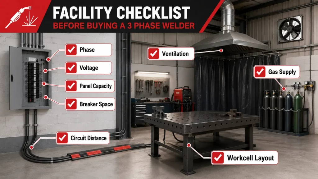 Facility checklist infographic showing power, ventilation, gas supply, and workcell layout checks before buying a 3 phase welder.