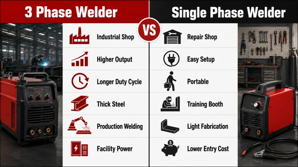 Infographic comparing 3 phase welders and single phase welders by shop type, output, duty cycle, portability, and cost.