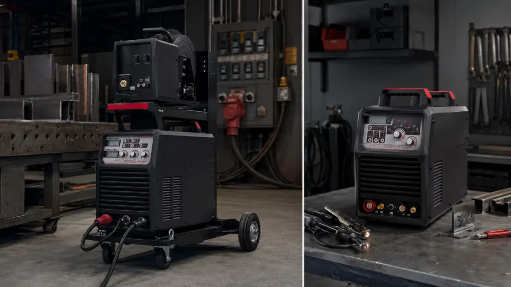 Side-by-side comparison of a large three-phase industrial welder and a compact single-phase welder in workshop settings.