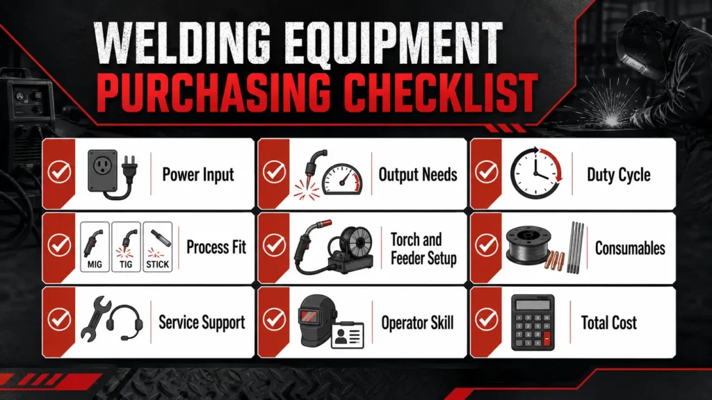 Welding equipment purchasing checklist infographic covering power input, output needs, duty cycle, process fit, consumables, support, skill, and cost.